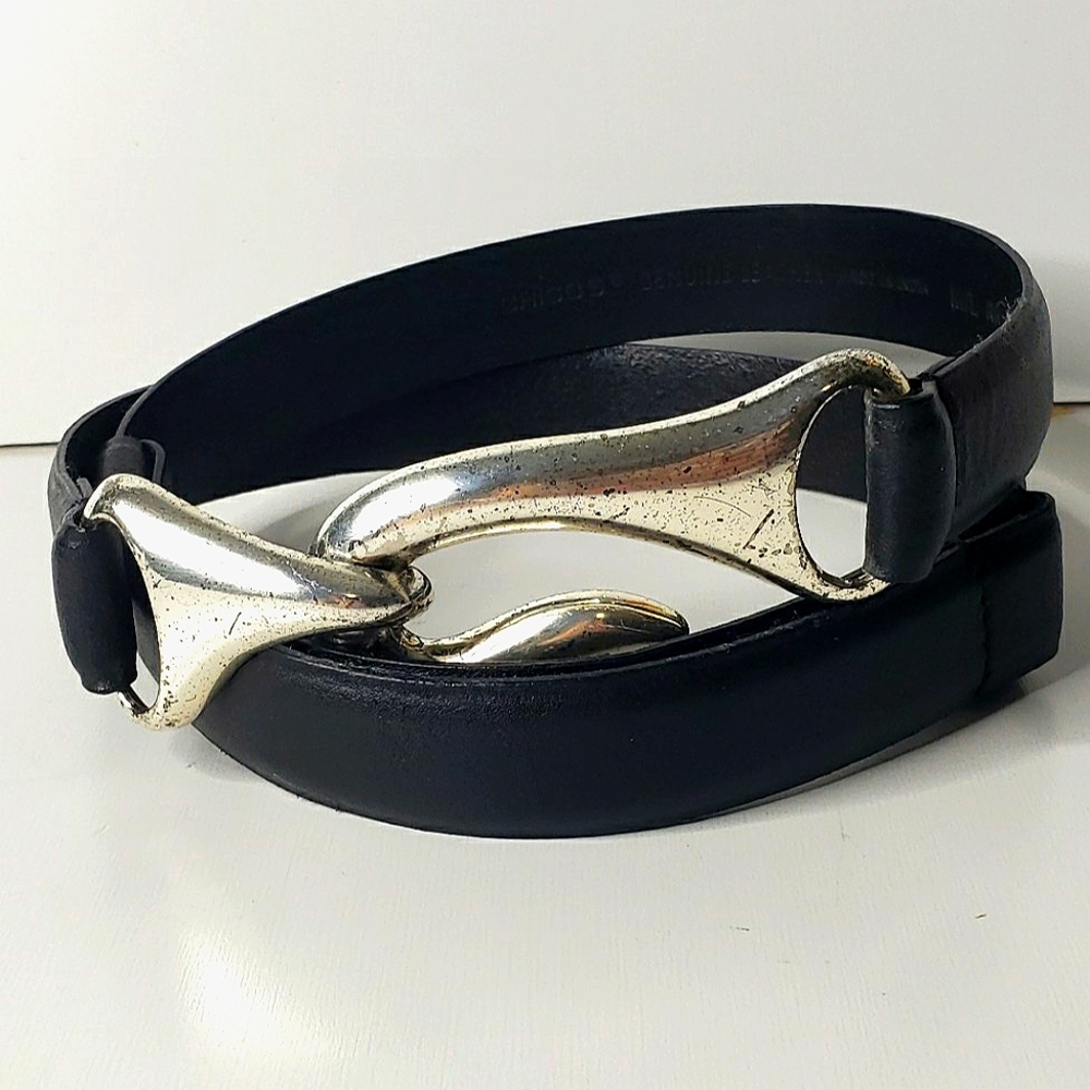 Chico's Leather Silver Tone Bold Hooks Buckle  Adjustable Minimalist Belt M/L
